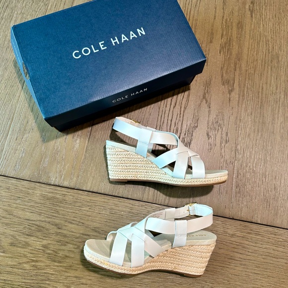 Cole Haan Shoes - Cole Haan Crystal Leather Wedge Strappy Sandal White Size 6.5